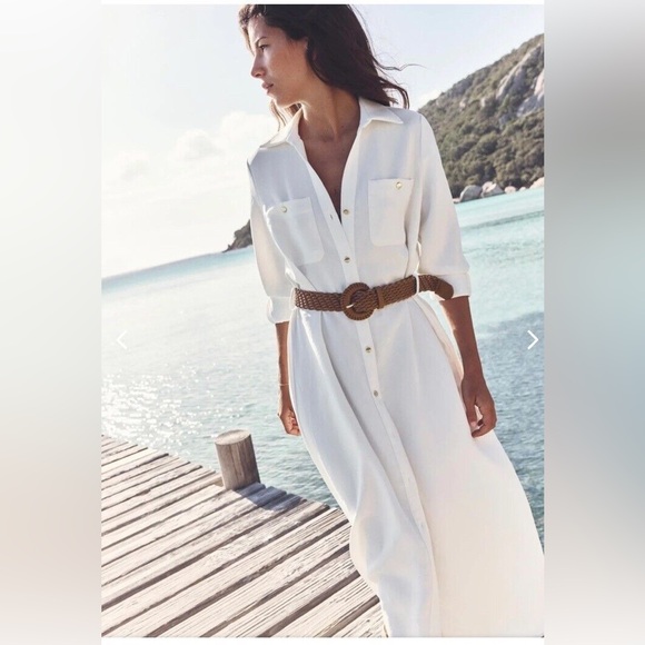 White Dress Brown Belt ZARA White Midi Belted Shirt Dress With